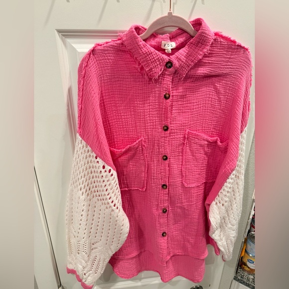 POL Pink Button-Down Shirt with Cream Crochet Sleeves. New No Tags Size L - Picture 3 of 8